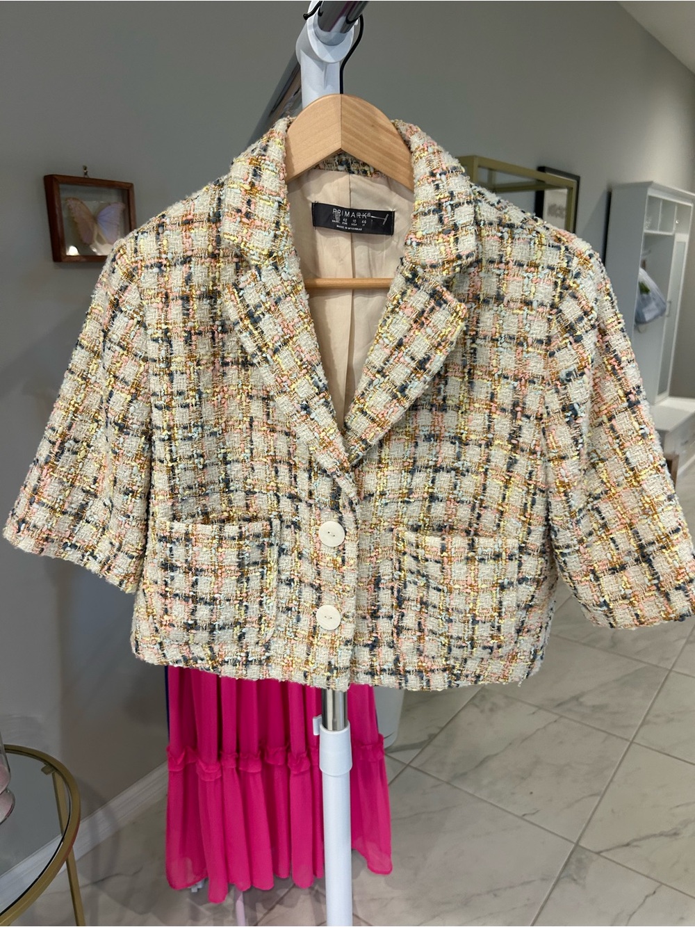 Primark Cream Multicolor Tweed Cropped Blazer